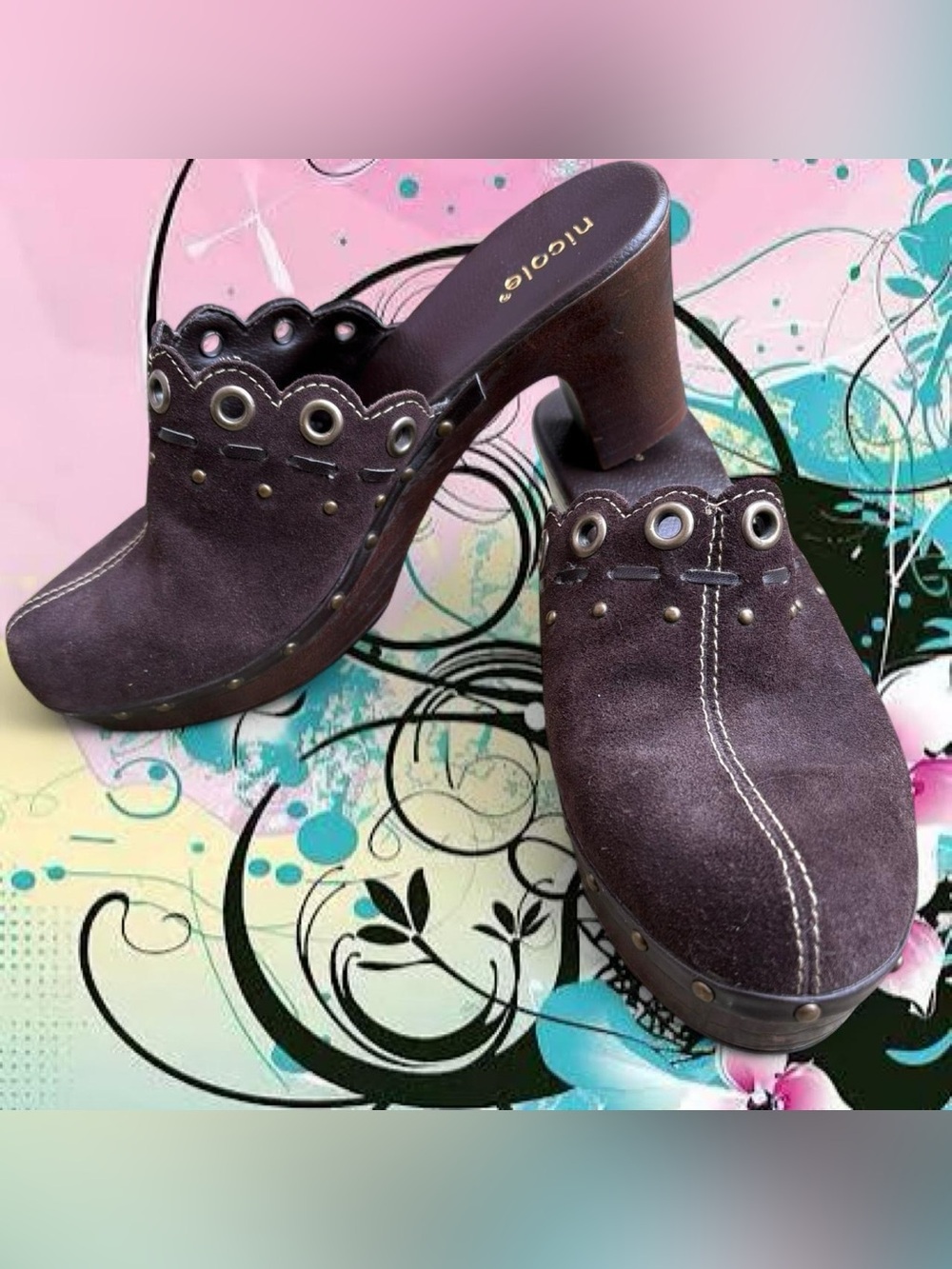 vintage y2k suede grommet lace-thru clogs - nicole, sz 7